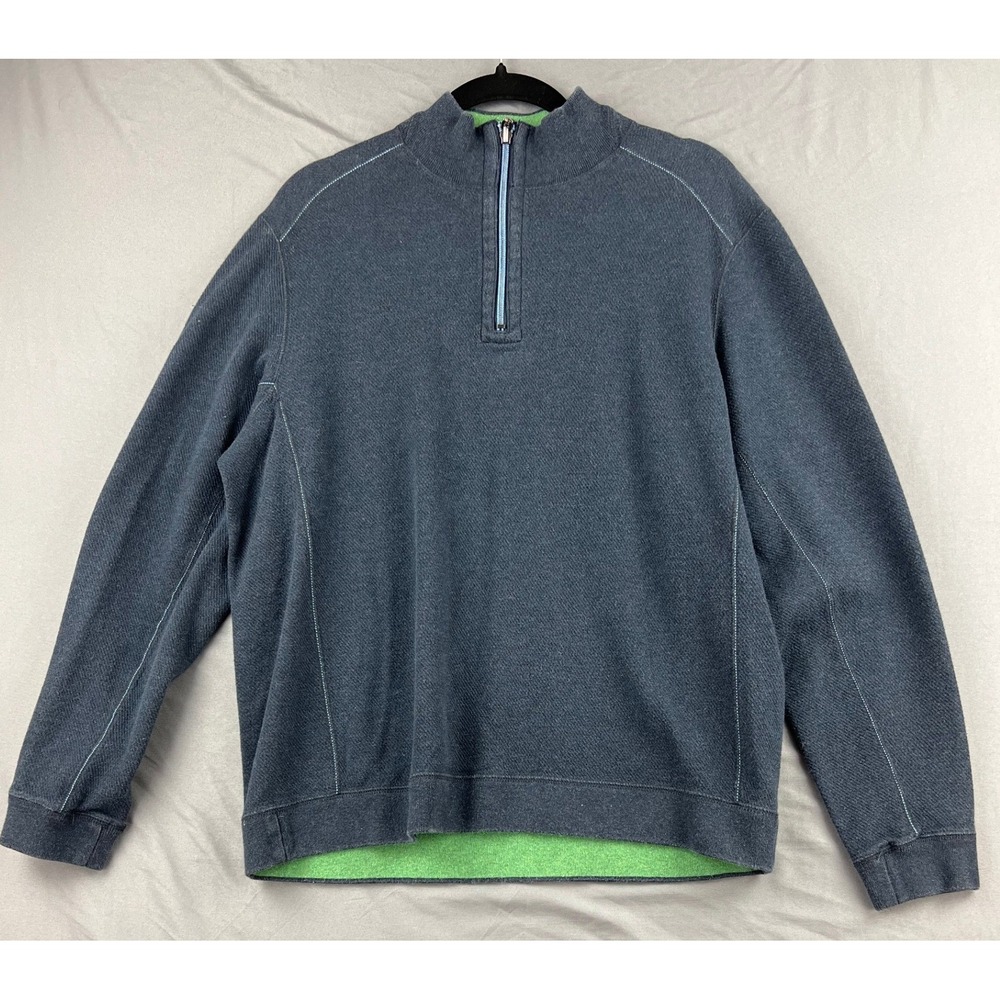 Tommy Bahama Quarter Zip Pullover Mens Large Blue Textured Marlin Logo Good